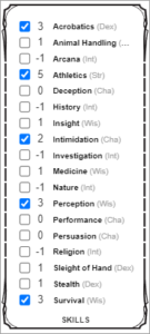 Skills from a Character Sheet