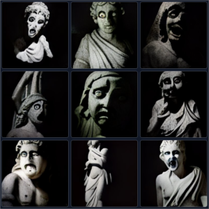 terrified statues in the dark