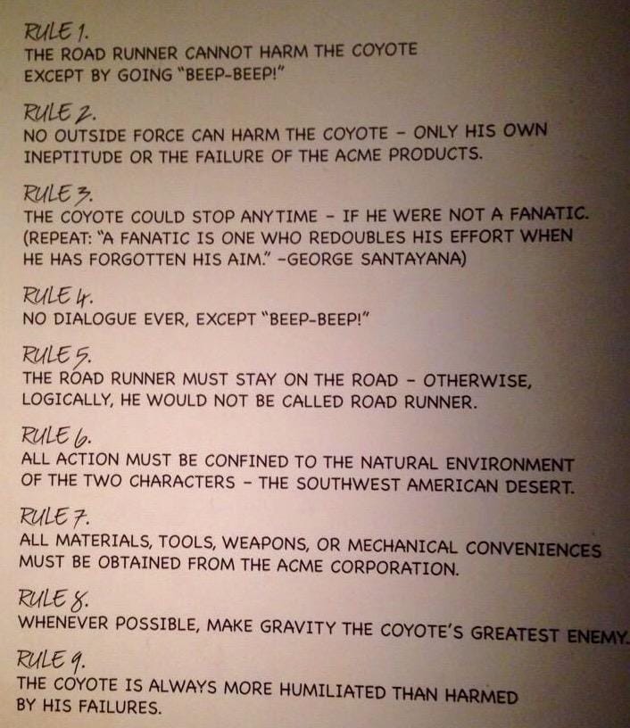 RT @BassoonCPA RT @marcfennell So great! Chuck Jones’s rules for writing the Road Runner and Wile E
