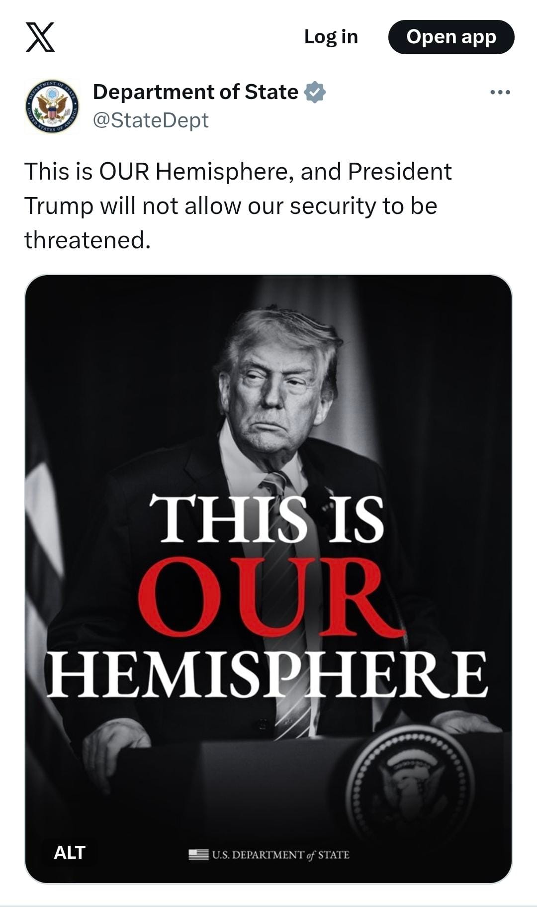 Menacing picture of Trump with the words "This is OUR Hemisphere"